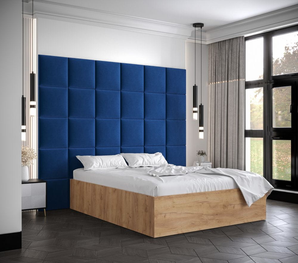 Veneti Manželská posteľ s čalúnenými panelmi MIA 3 - 140x200, dub zlatý, modré panely
