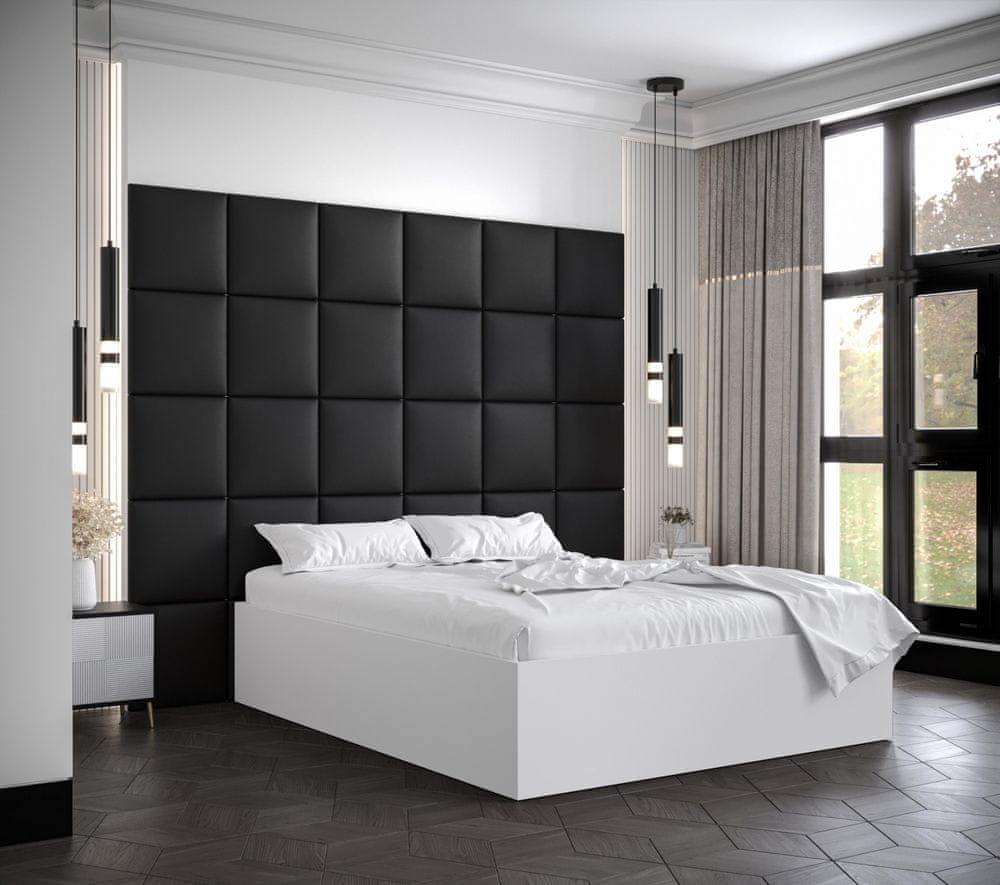 Veneti Manželská posteľ s čalúnenými panelmi MIA 3 - 160x200, biela, čierne panely z ekokože