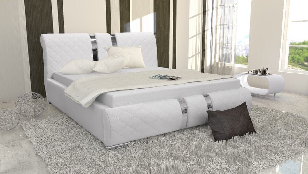 Veneti Luxusná čalúnená posteľ LUKA s vysokým čelom a úložným priestorom biela eko koža 180x200