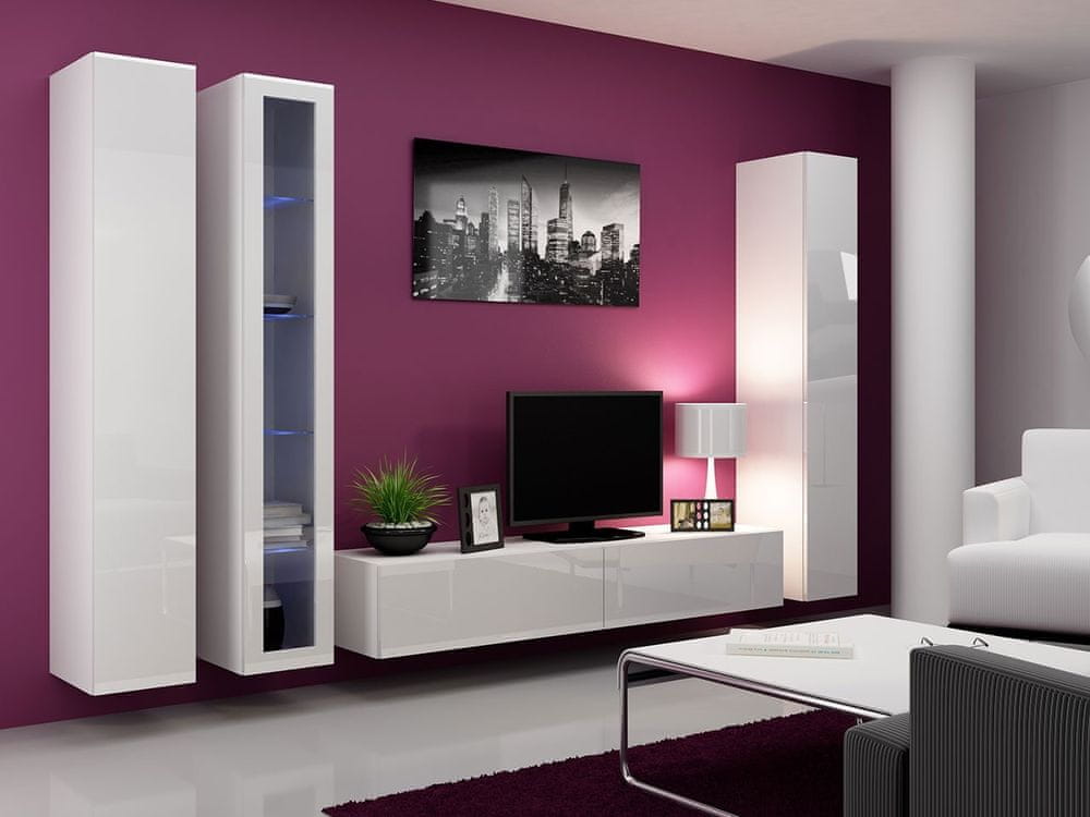 Veneti Obývacia stena s LED RGB osvetlením ASHTON 2 - biela / lesklá biela