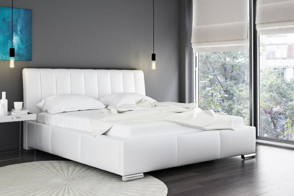 Veneti Elegantná posteľ Malone s vysokým čelom a úložným priestorom biela eko koža 180 x 200