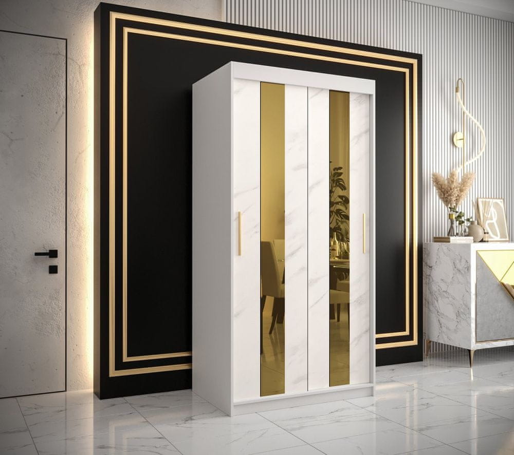 Veneti Dizajnová šatníková skriňa so zlatým zrkadlom MADLA 4 - šírka 100 cm, biela