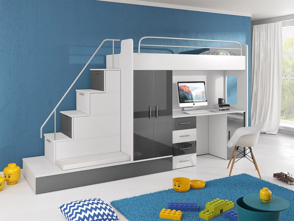 Veneti Detská multifunkčná poschodová posteľ s matracom a roštom 80x200 GORT - biela / šedá