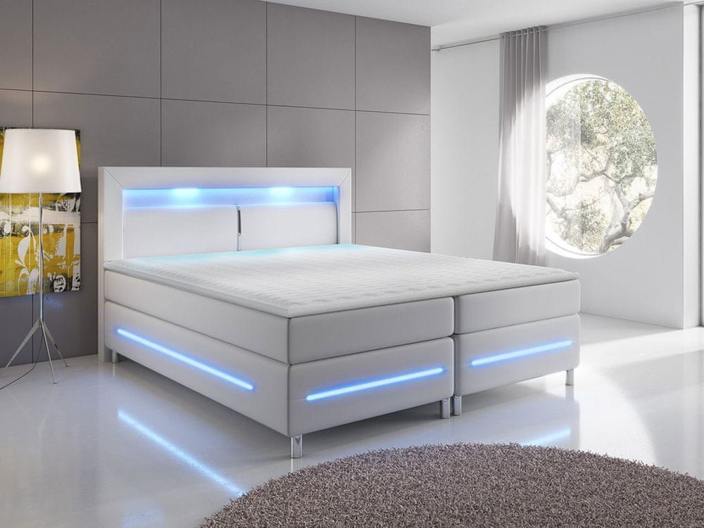 Veneti Boxspringová manželská posteľ s LED osvetlením 160x200 GALWAY - biela ekokoža + topper ZDARMA