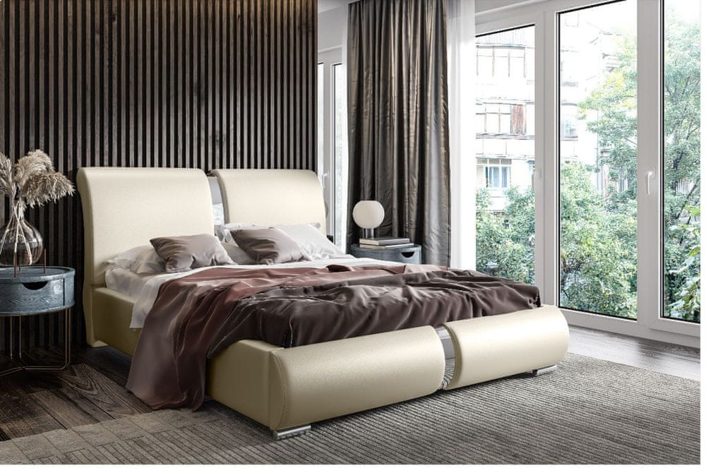 Veneti Čalúnená posteľ s chrómovými doplnkami 200x200 YVONNE - béžová ekokoža