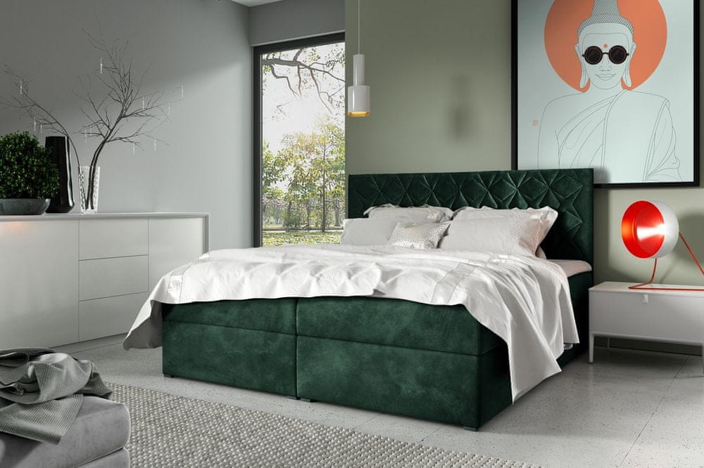 Veneti Boxspringová posteľ s prešívaným čelom EUGENA - 200x200, zelená + topper ZDARMA