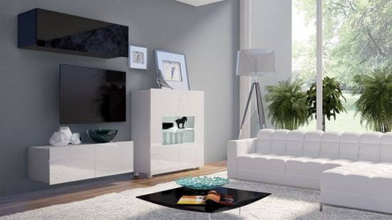 Veneti Obývacia stena s LED modrým osvetlením CHEMUNG 5 - lesklá biela / lesklá čierna