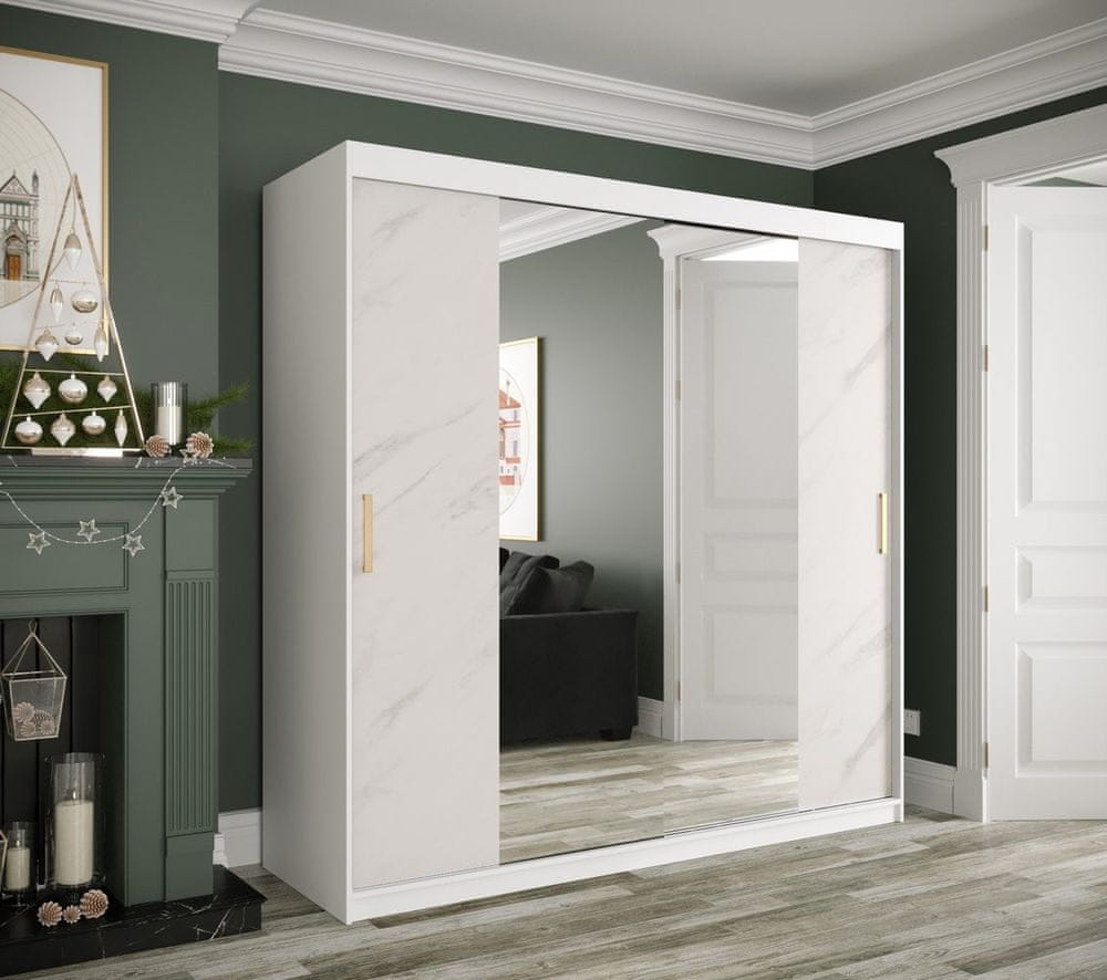 Veneti Zrkadlová skriňa s posuvnými dverami MAREILLE 2 - šírka 200 cm, biela / biely mramor