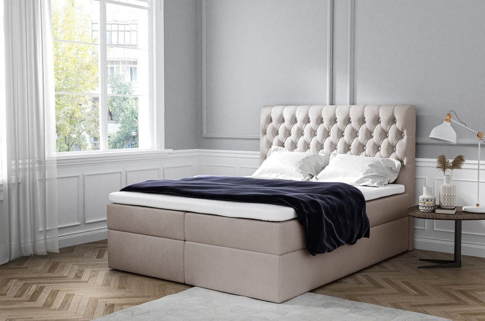 Veneti Elegantná čalúnená posteľ Mandy s úložným priestorom svetlo béžová 180 x 200 + topper zdarma