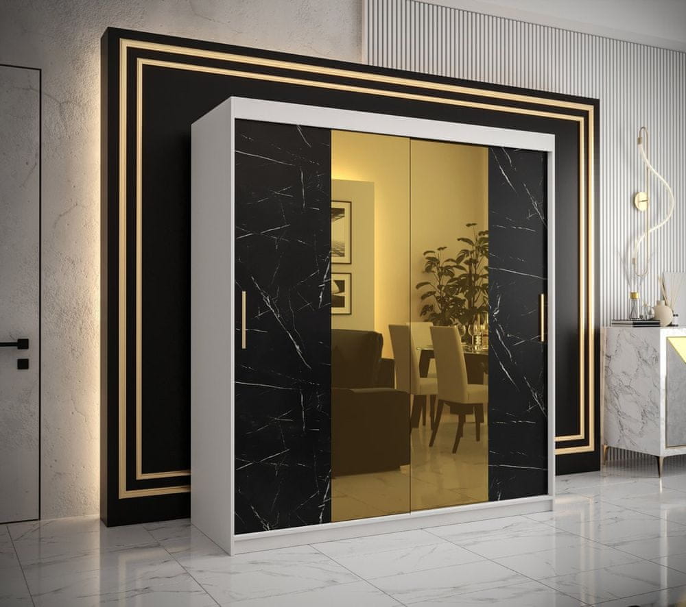 Veneti Dizajnová šatníková skriňa so zlatým zrkadlom MADLA 1 - šírka 180 cm, biela / čierna