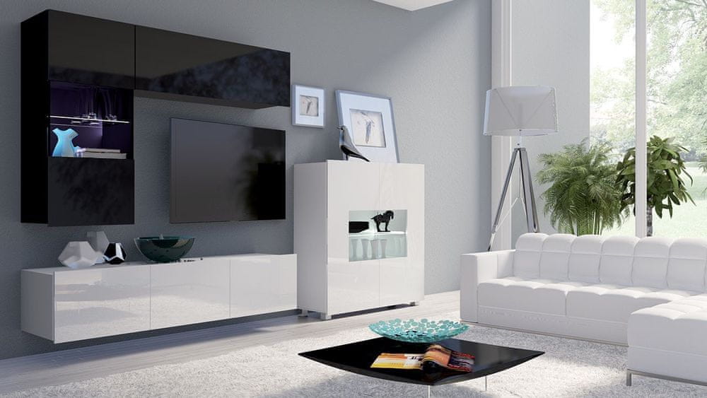 Veneti Obývacia stena s LED modrým osvetlením CHEMUNG 3 - lesklá biela / lesklá čierna