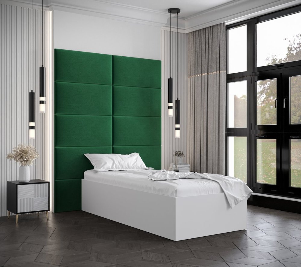 Veneti Jednolôžko s čalúnenými panelmi MIA 1 - 90x200, biele, zelené panely