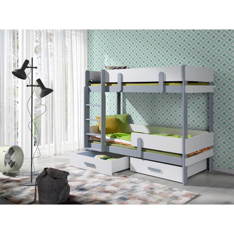 Veneti Detská poschodová posteľ so zábranou 90x200 HALVER 1 - šedá / biela, ľavé prevedenie