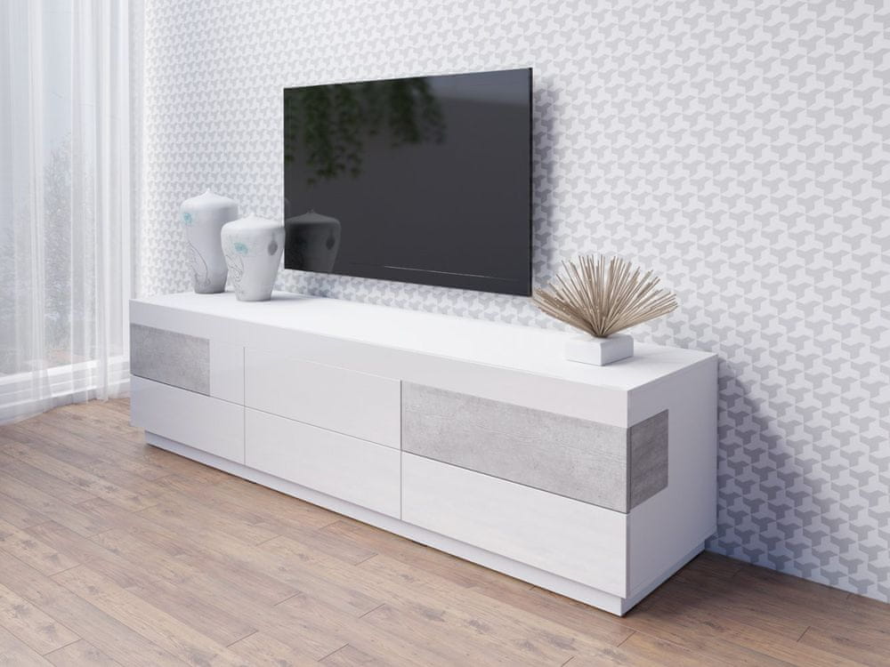 Veneti Jednoduchý televízny stolík so zásuvkami SHADI, biely/betón