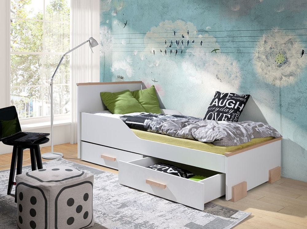 Veneti Detská posteľ s úložným priestorom 90x200 LORCH - biela / buk