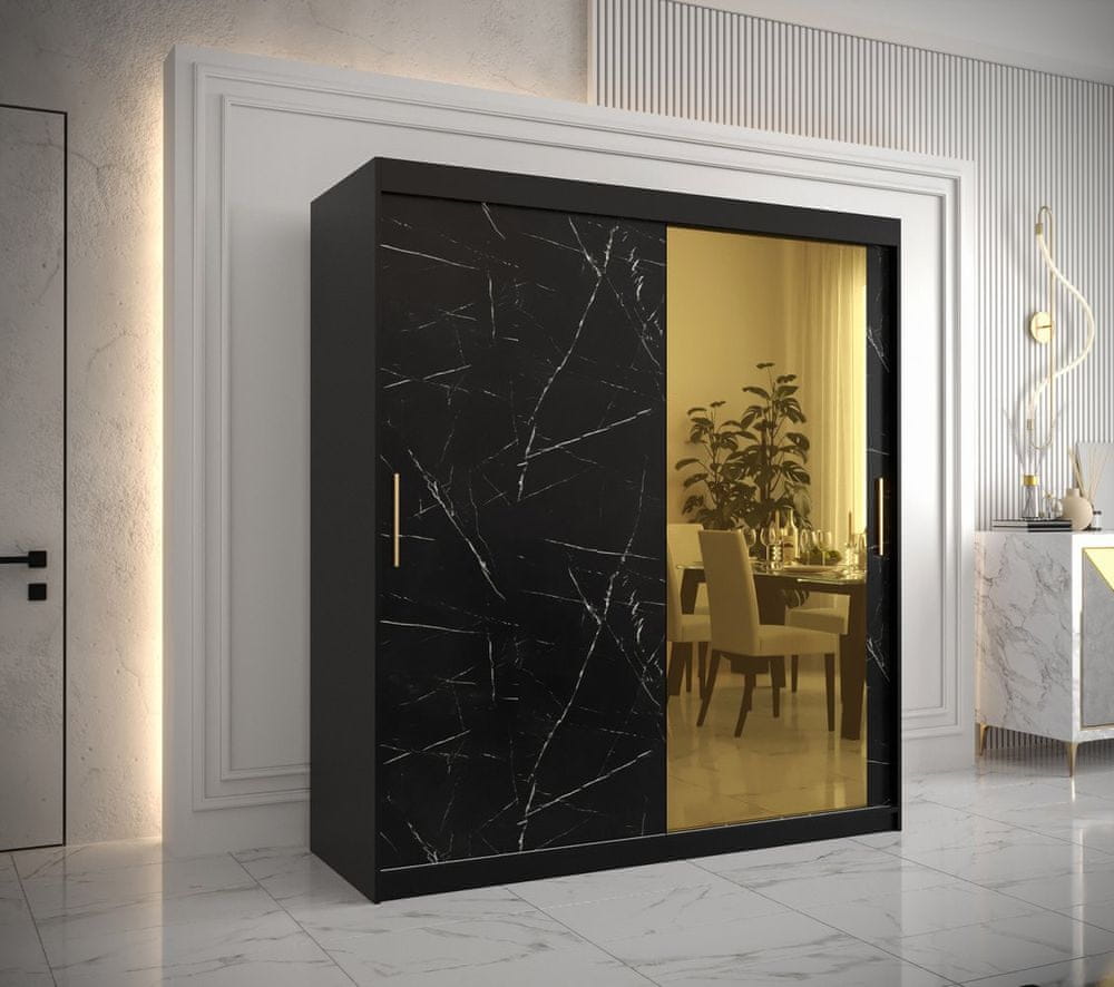 Veneti Dizajnová šatníková skriňa so zlatým zrkadlom MADLA 2 - šírka 180 cm, čierna
