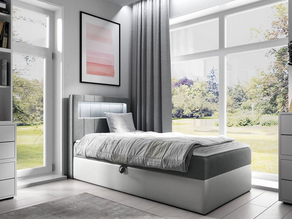 Veneti Kontinentálna jednolôžková posteľ 90x200 RAMIRA 1 - biela ekokoža / šedá, ľavé prevedenie + topper ZDARMA
