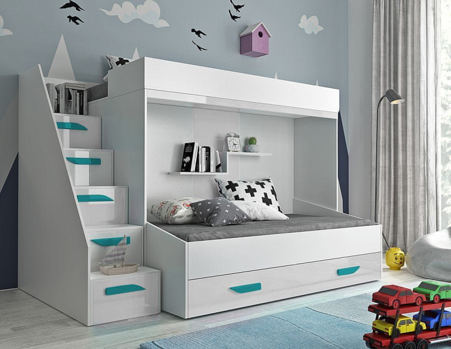 Veneti Detská poschodová posteľ s úložným priestorom Derry - biela/tyrkysové úchyty