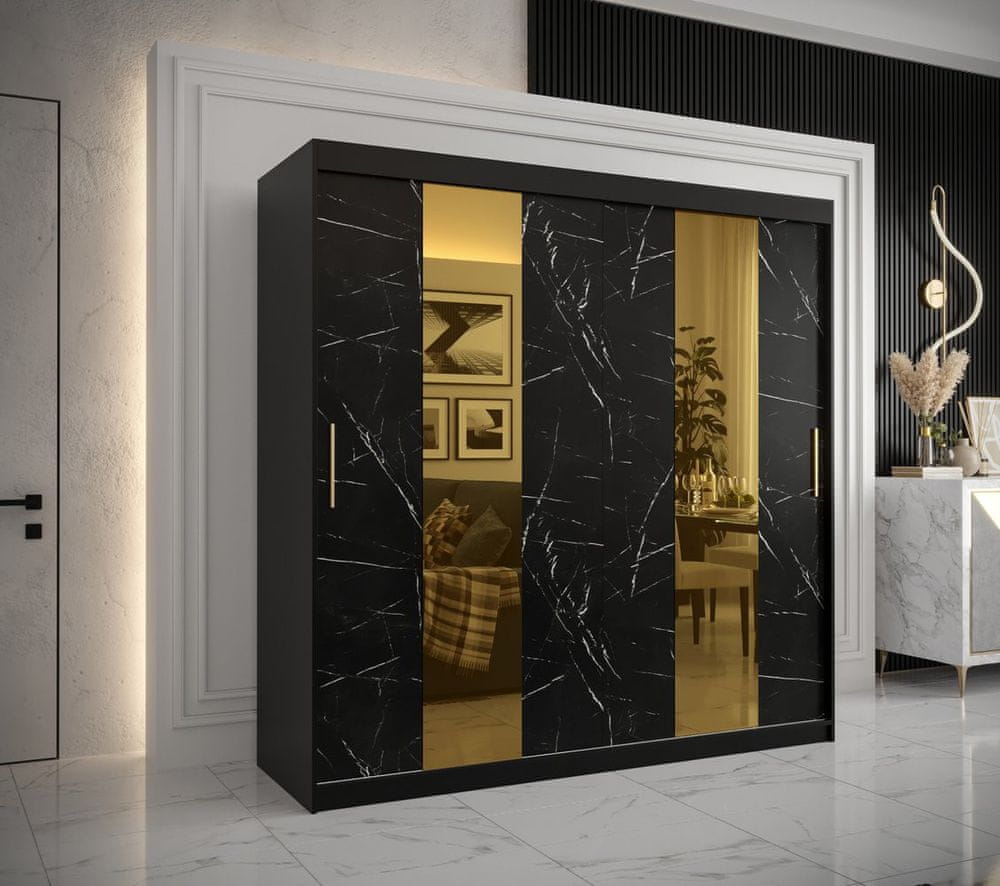 Veneti Dizajnová šatníková skriňa so zlatým zrkadlom MADLA 4 - šírka 200 cm, čierna