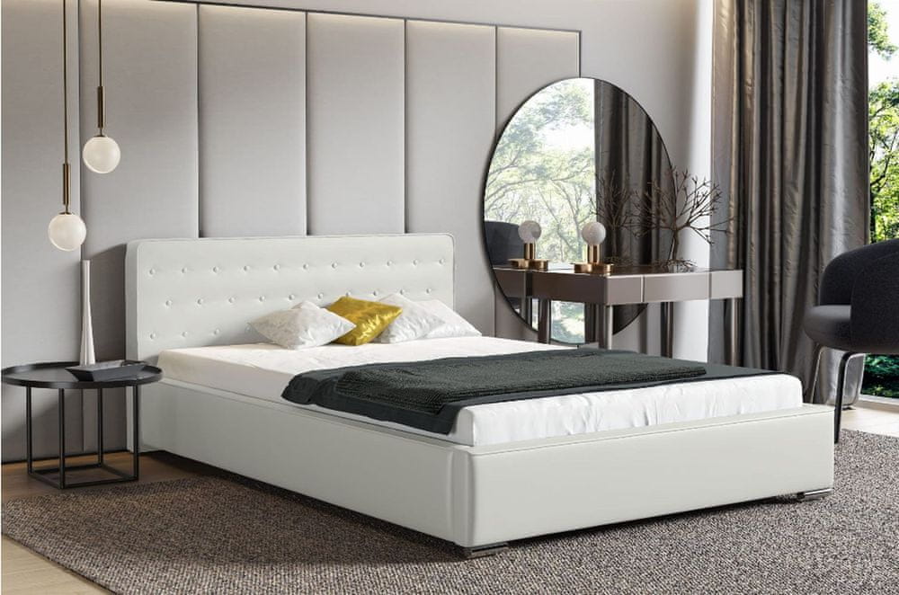 Veneti Moderná čalúnená posteľ s úložným priestorom 140x200 BERGEN - biela ekokoža