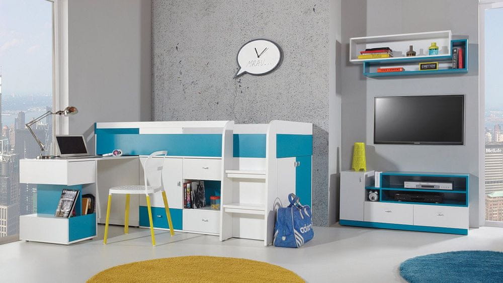 Veneti Nábytok do detskej izby s palandou 90x200 HARKA 1 - biely / modrý