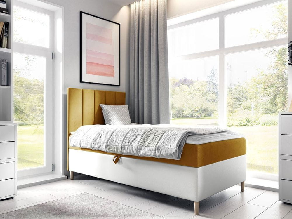 Veneti Hotelová jednolôžková posteľ 80x200 ROCIO 1 - biela ekokoža / žltá, ľavé prevedenie + topper ZDARMA