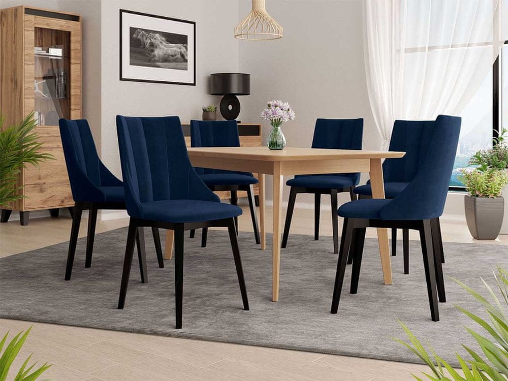 Veneti Rozkladací jedálenský stôl so 6 stoličkami NOWEN 2 - prírodné drevo / čierny / modrý