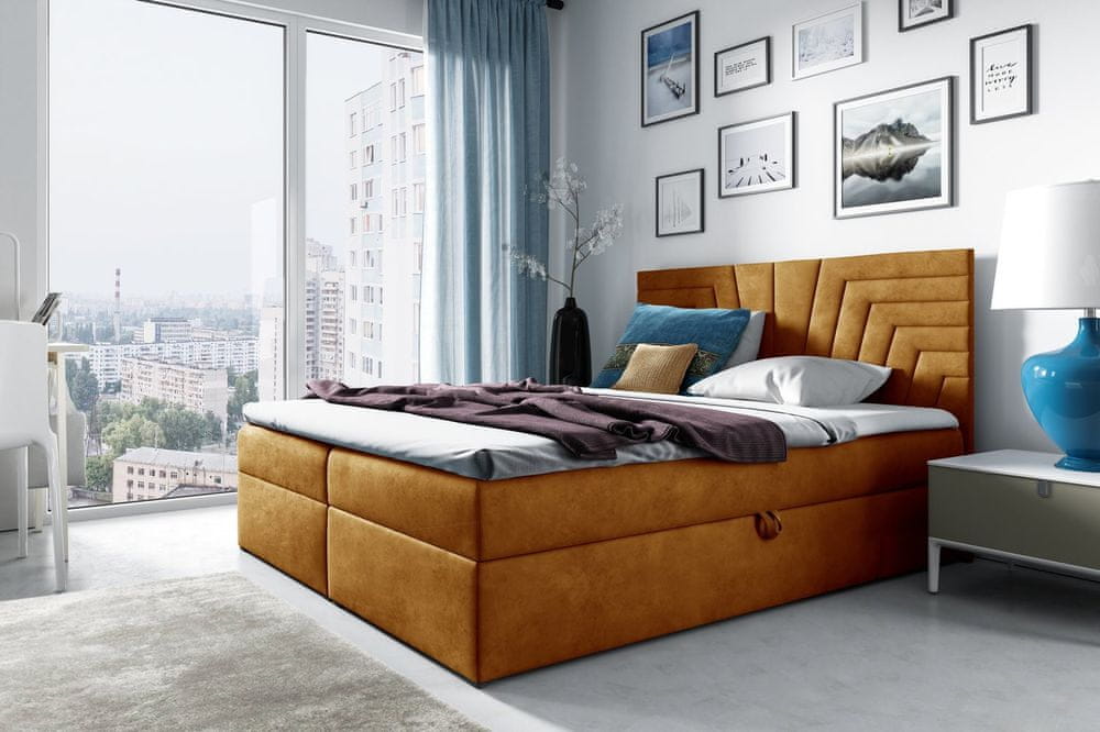Veneti Čalúnená posteľ s prešívaným čelom SUSANA 160x200, žltá + topper ZDARMA
