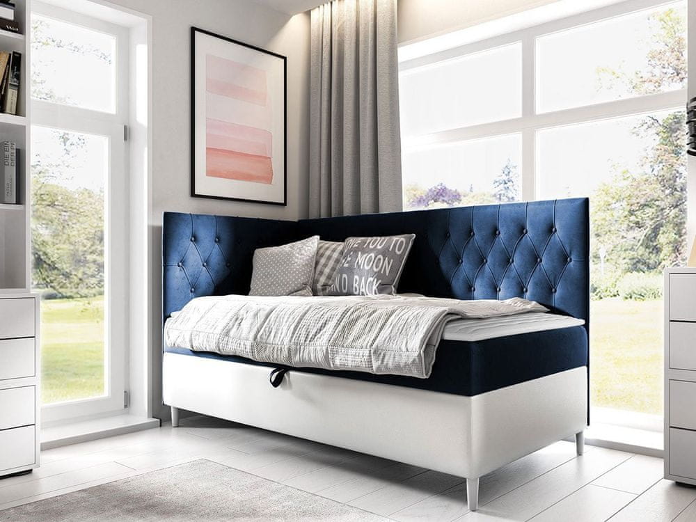 Veneti Boxspringová jednolôžková posteľ 100x200 PORFIRO 3 - biela ekokoža / modrá 1, ľavé prevedenie + topper ZDARMA