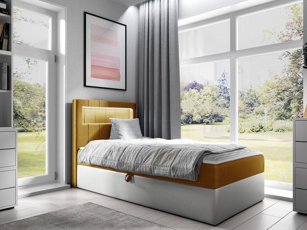 Veneti Kontinentálna jednolôžková posteľ 90x200 RAMIRA 1 - biela ekokoža / žltá, ľavé prevedenie + topper ZDARMA