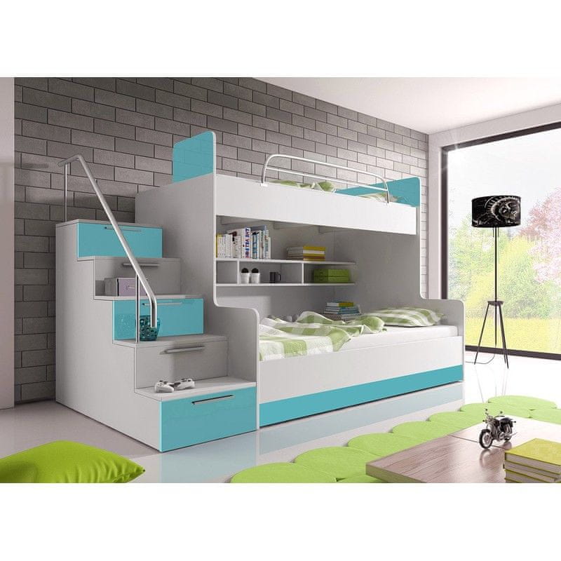 Veneti Detská poschodová posteľ s matracom a roštom 90x200 GORT - biela / tyrkysová, ľavé prevedenie