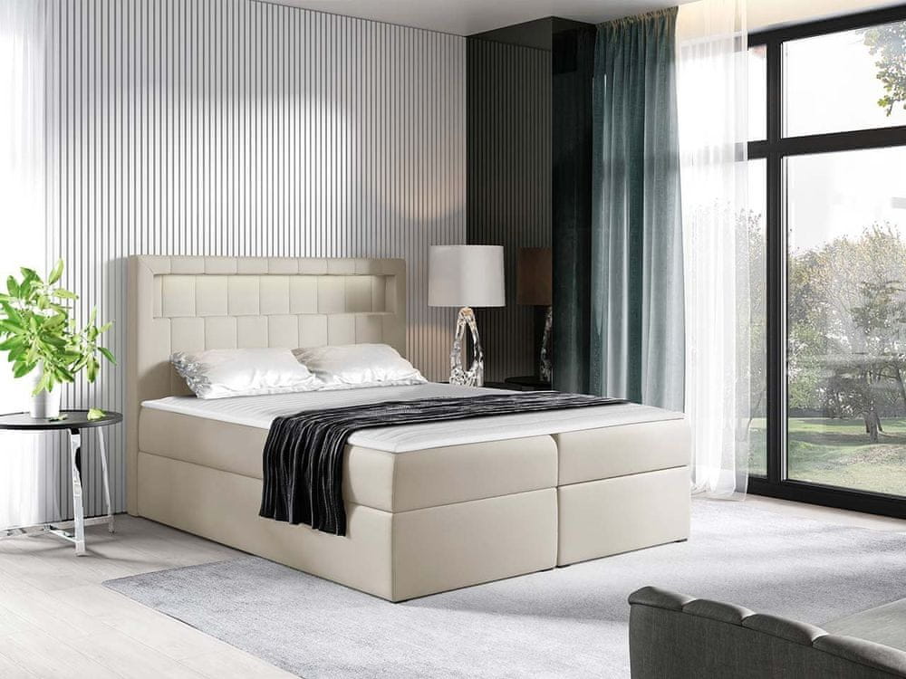 Veneti Americká dvojlôžková posteľ 160x200 RODRIGO - béžová ekokoža + topper a LED osvetlenie ZDARMA