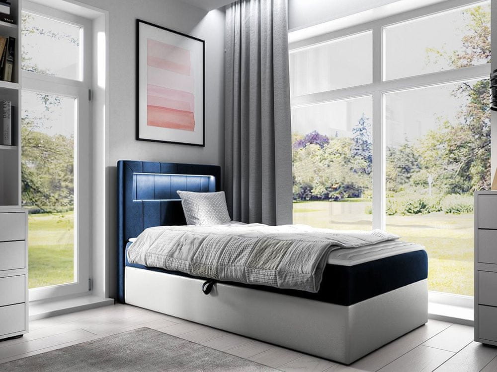 Veneti Kontinentálna jednolôžková posteľ 90x200 RAMIRA 1 - biela ekokoža / modrá 1, ľavé prevedenie + topper ZDARMA