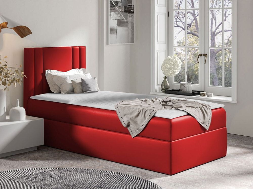 Veneti Americká jednolôžková posteľ 100x200 VITORIA MINI - červená ekokoža, ľavé prevedenie + topper ZDARMA