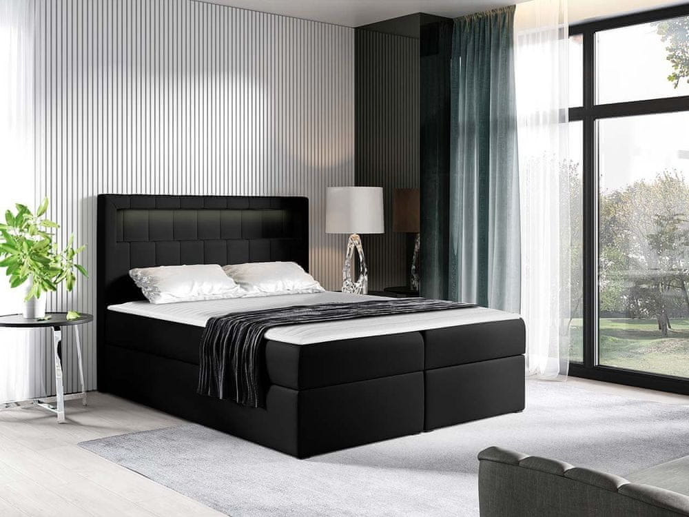 Veneti Americká dvojlôžková posteľ 180x200 RODRIGO - čierna ekokoža + topper a LED osvetlenie ZDARMA