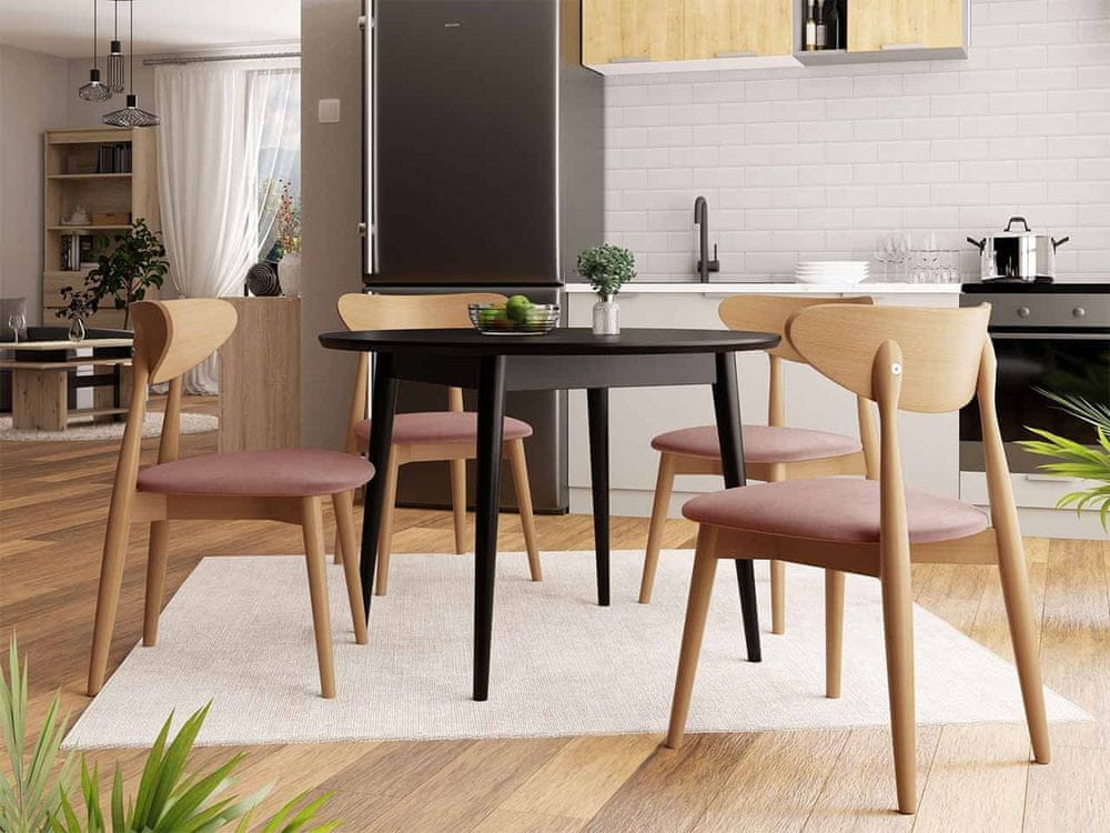 Veneti Jedálenský stôl 100 cm so 4 stoličkami OLMIO 1 - čierny / prírodné drevo / ružový