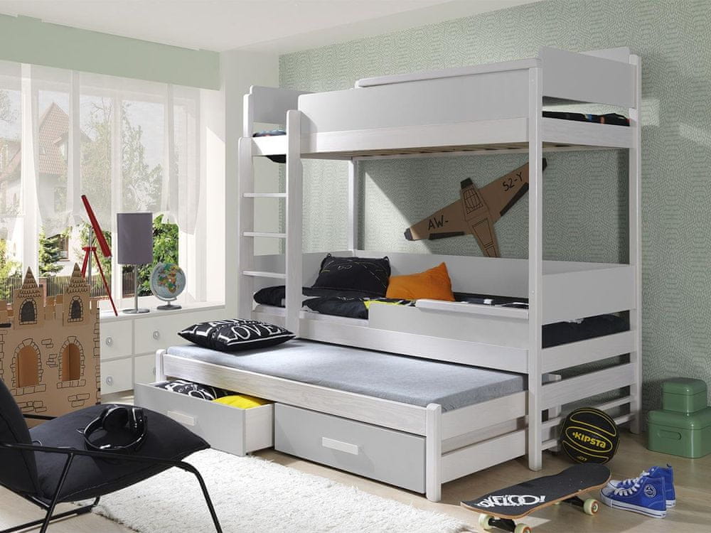Veneti Detská poschodová posteľ pre troch 90x200 MEDEBACH - biela / šedá, ľavé prevedenie