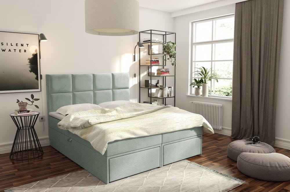 Veneti Čalúnená posteľ s úložným priestorom a zásuvkami 200x200 GARIK - svetlozelená