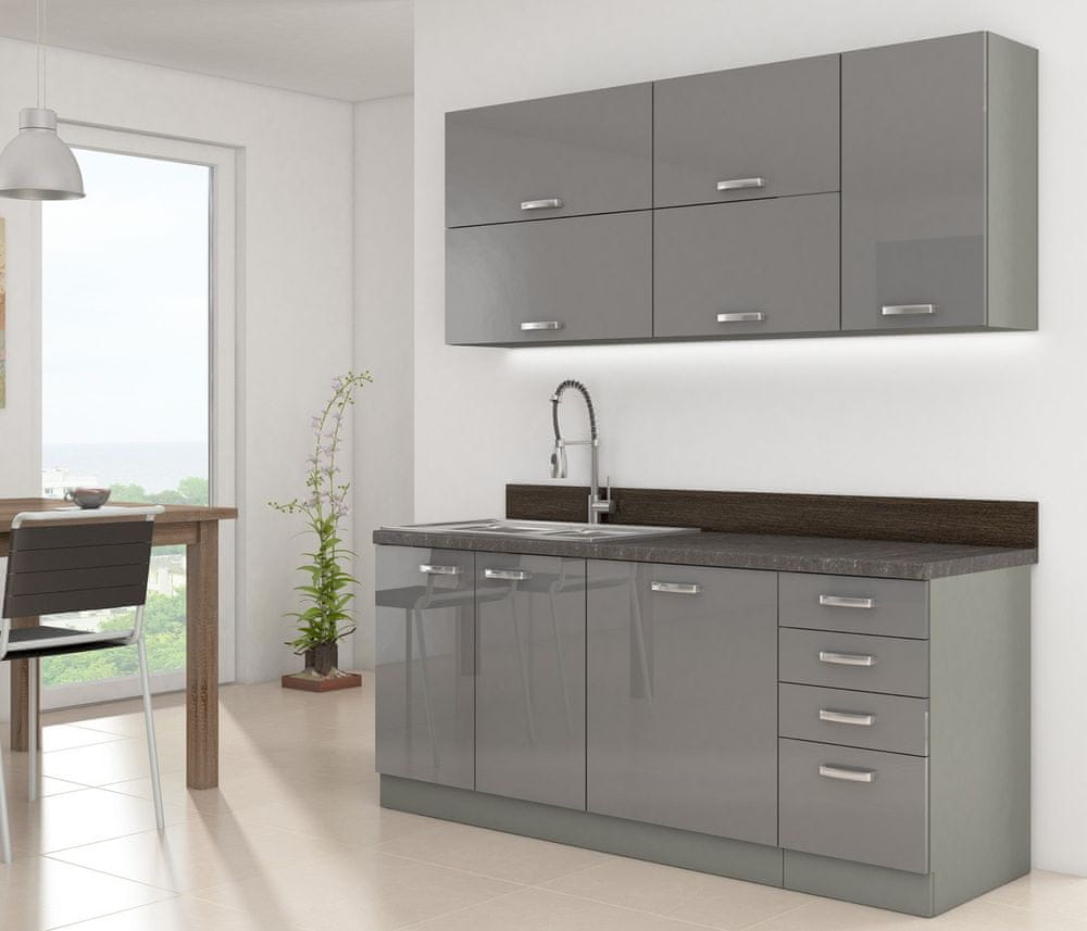 Veneti Kuchyňa do paneláku 180/180 cm RONG 3 - šedá / lesklá šedá + LED, drez, príborník a pracovná doska ZDARMA
