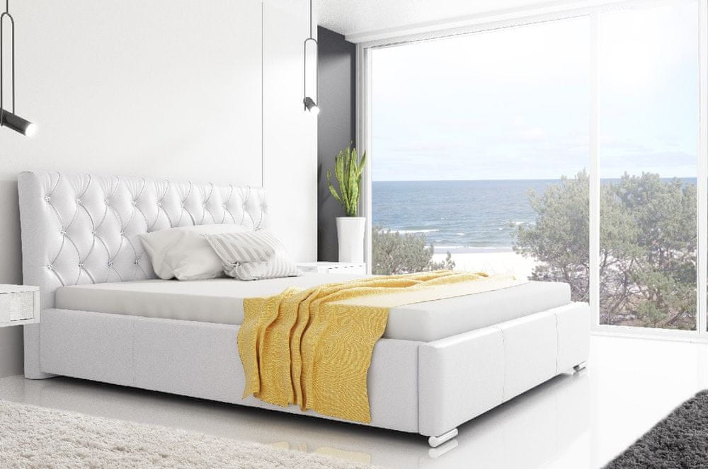Veneti Dizajnová posteľ Adelaide s vysokým čelom a úložným priestorom biela eko koža 160 x 200