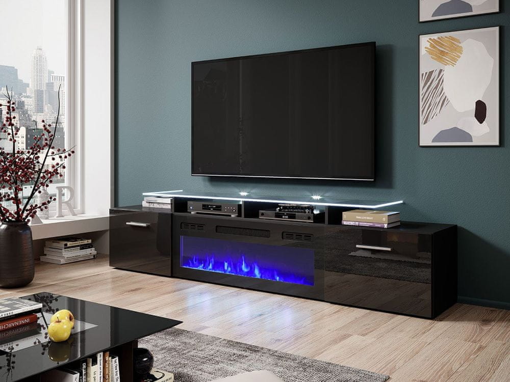 Veneti TV stolík s elektrickým krbom OKEMIA - čierny / lesklý čierny + LED osvetlenie ZDARMA