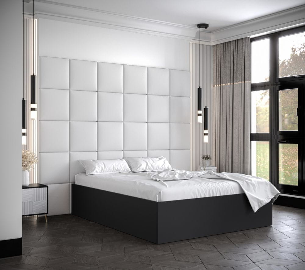 Veneti Manželská posteľ s čalúnenými panelmi MIA 3 - 140x200, čierna, biele panely z ekokože