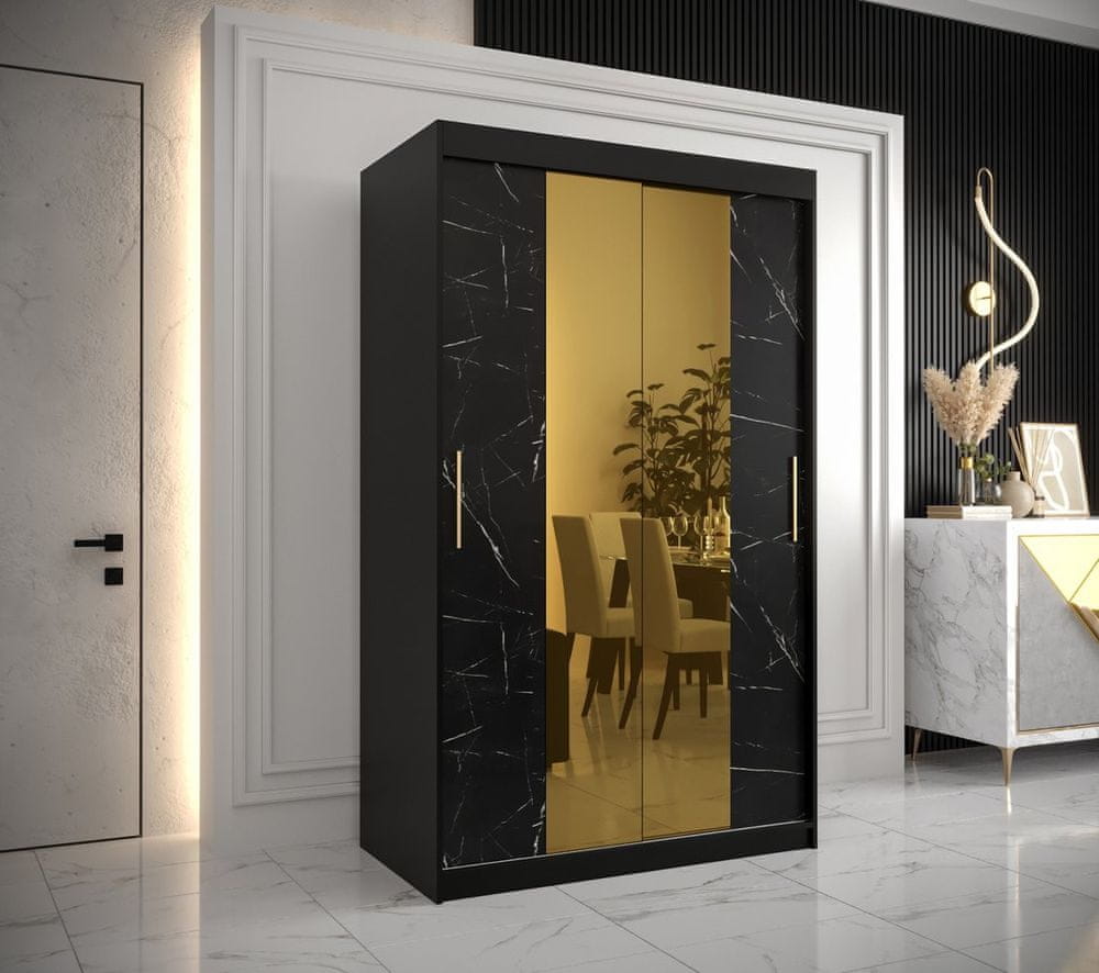 Veneti Dizajnová šatníková skriňa so zlatým zrkadlom MADLA 1 - šírka 120 cm, čierna