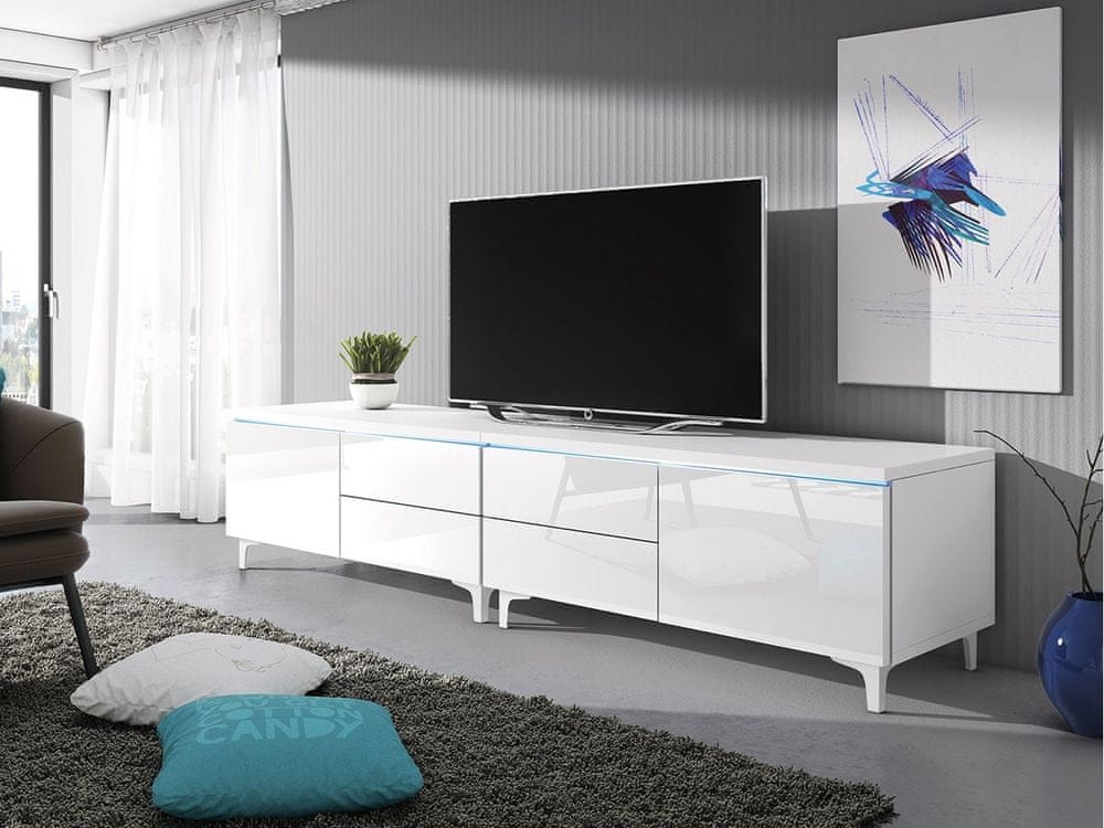Veneti Televízny stolík na nožičkách s LED osvetlením FERNS 11 - biely / lesklý biely