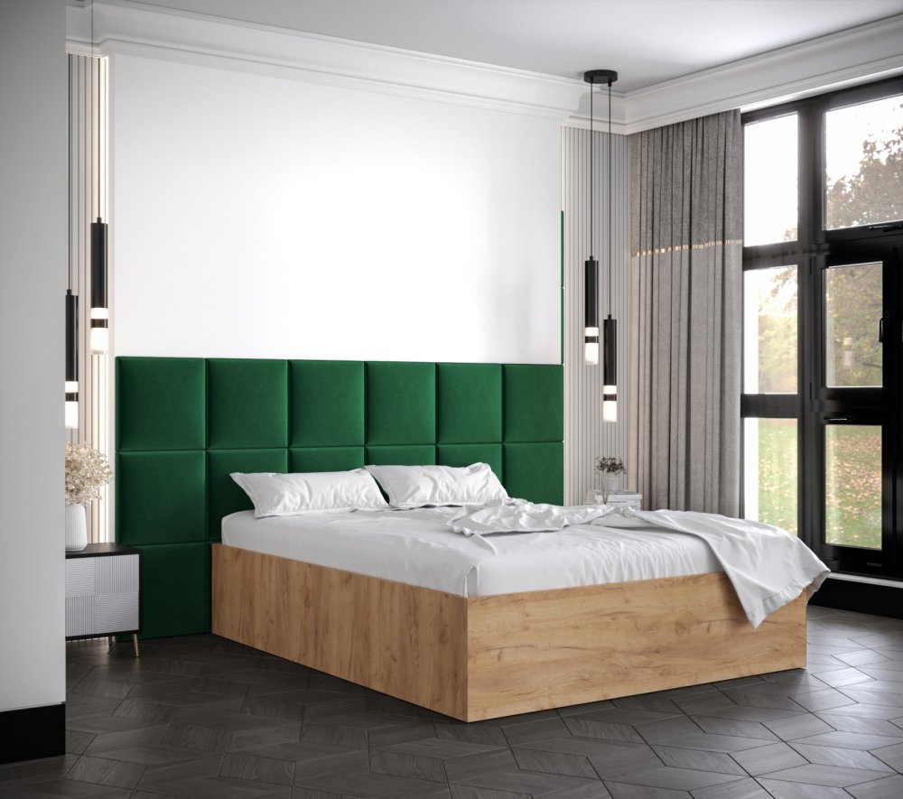Veneti Manželská posteľ s čalúnenými panelmi MIA 4 - 160x200, dub zlatý, zelené panely