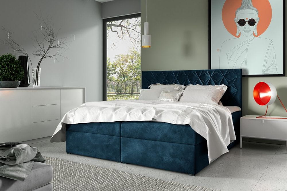 Veneti Boxspringová posteľ s prešívaným čelom EUGENA - 160x200, modrá + topper ZDARMA