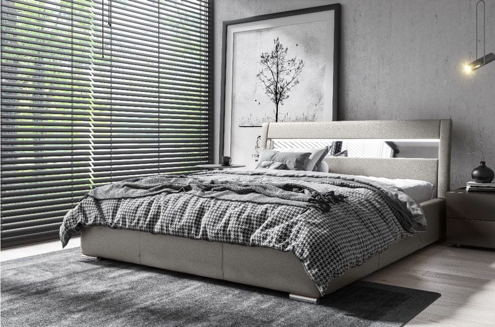 Veneti Čalúnená posteľ s úložným priestorom a osvetlením 180x200 LEXI - sivá ekokoža
