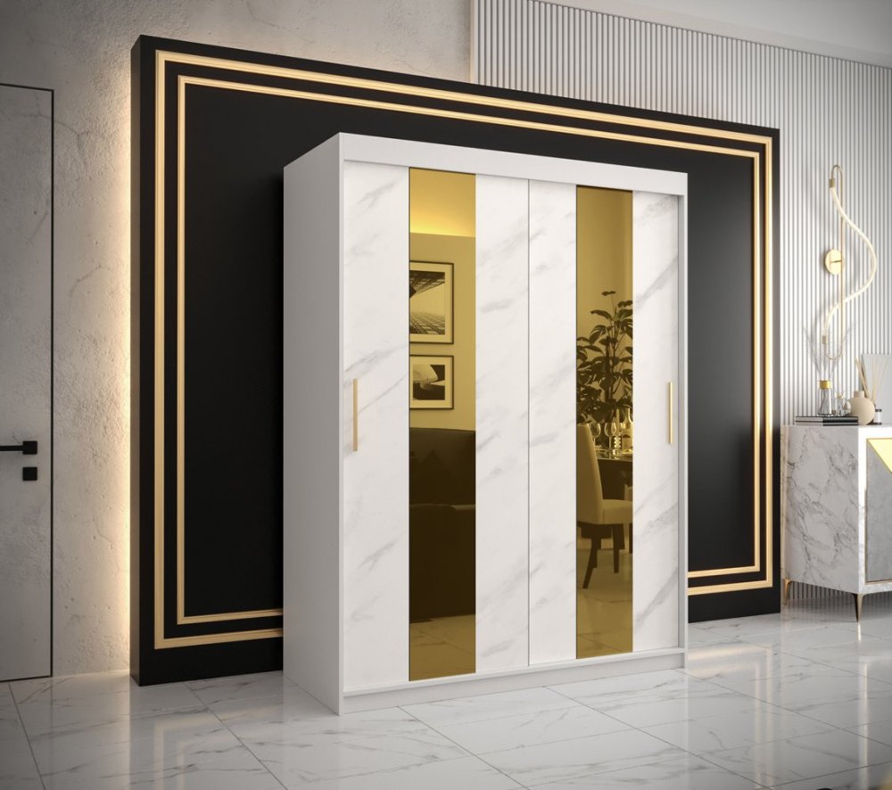 Veneti Dizajnová šatníková skriňa so zlatým zrkadlom MADLA 4 - šírka 150 cm, biela