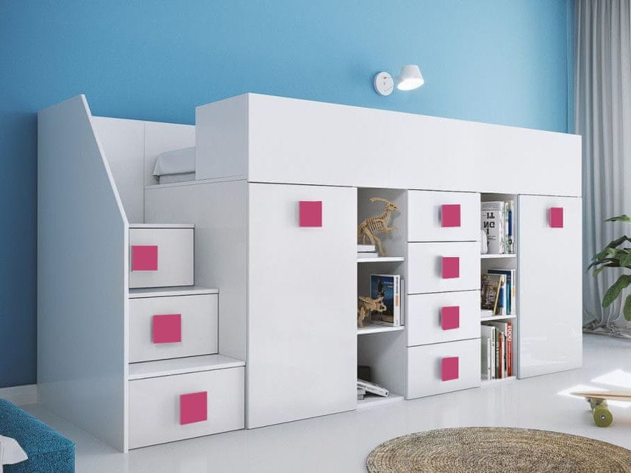Veneti Detská poschodová posteľ s úložným priestorom a písacím stolom Willy - ružové úchyty ľavá