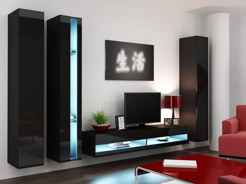 Veneti Stena do obývacej izby s LED bielym osvetlením ASHTON N7 - čierna / lesklá čierna